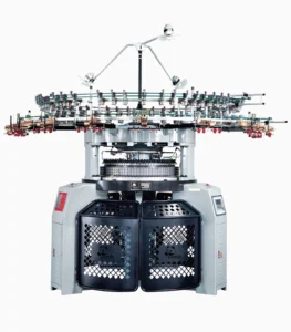 Buyer reviewing a circular knitting machine and exported production data at the ITMA ASIA + CITME 2026 trade fair